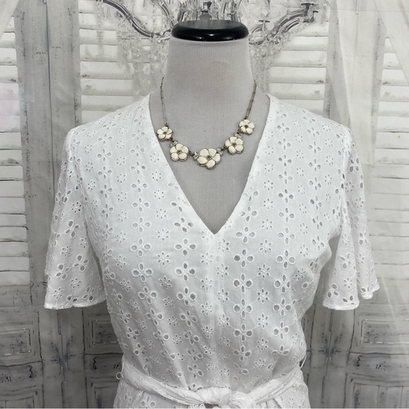 Preston & York Size 6 White Dress Eyelet Rayon Midi Dress Flutter Sleeve Belted - Picture 8 of 11